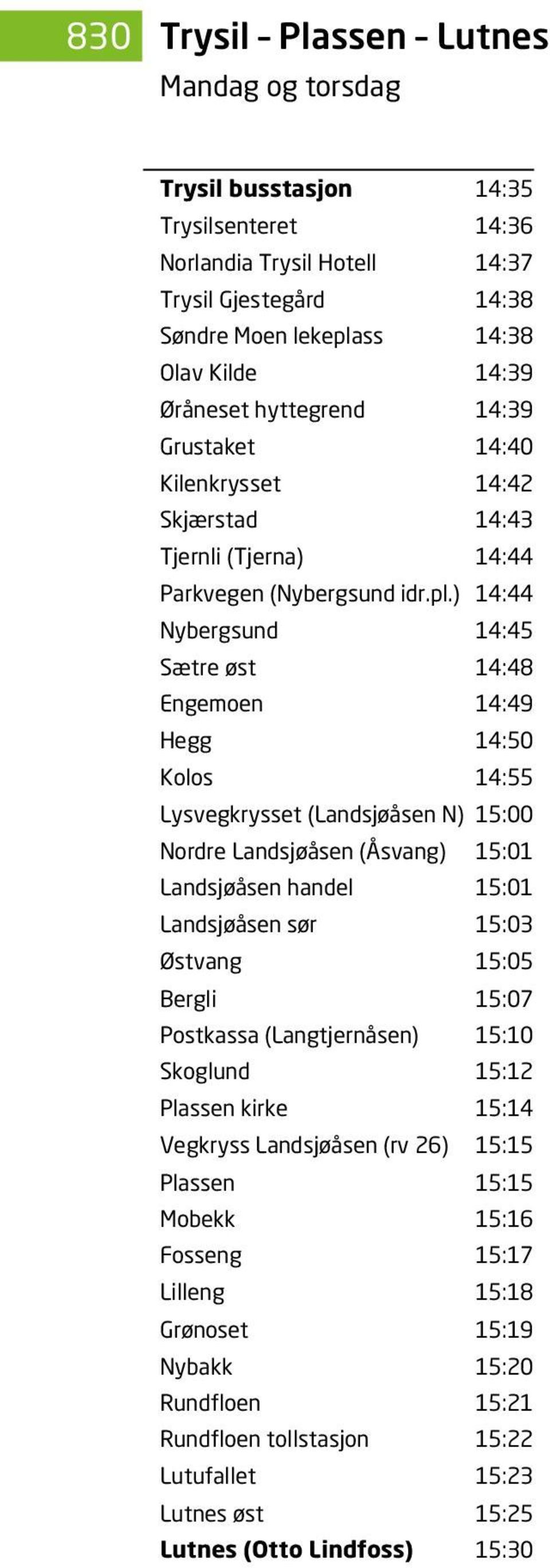 ) 14:44 Nybergsund 14:45 Sætre øst 14:48 Engemoen 14:49 Hegg 14:50 Kolos 14:55 Lysvegkrysset (Landsjøåsen N) 15:00 Nordre Landsjøåsen (Åsvang) 15:01 Landsjøåsen handel 15:01 Landsjøåsen sør 15:03