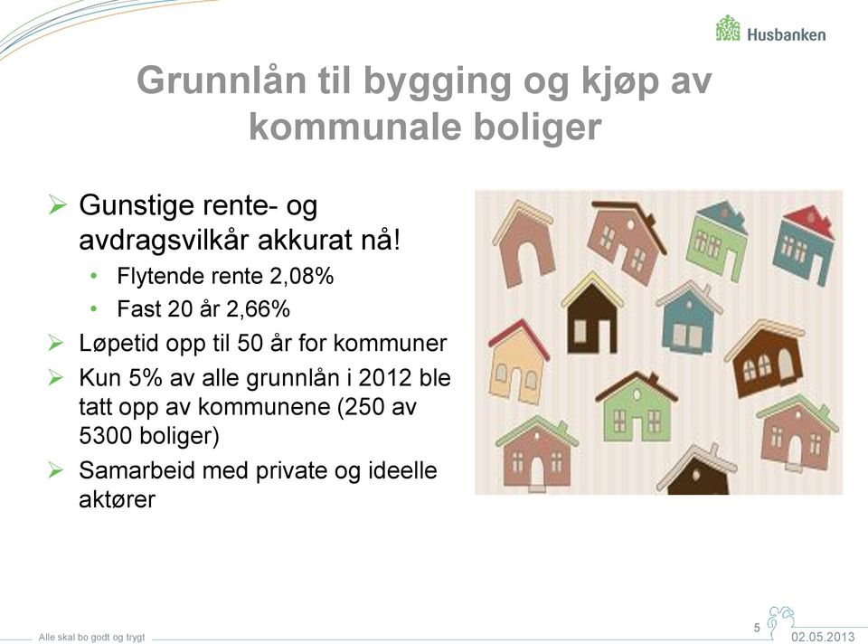 Flytende rente 2,08% Fast 20 år 2,66% Løpetid opp til 50 år for kommuner