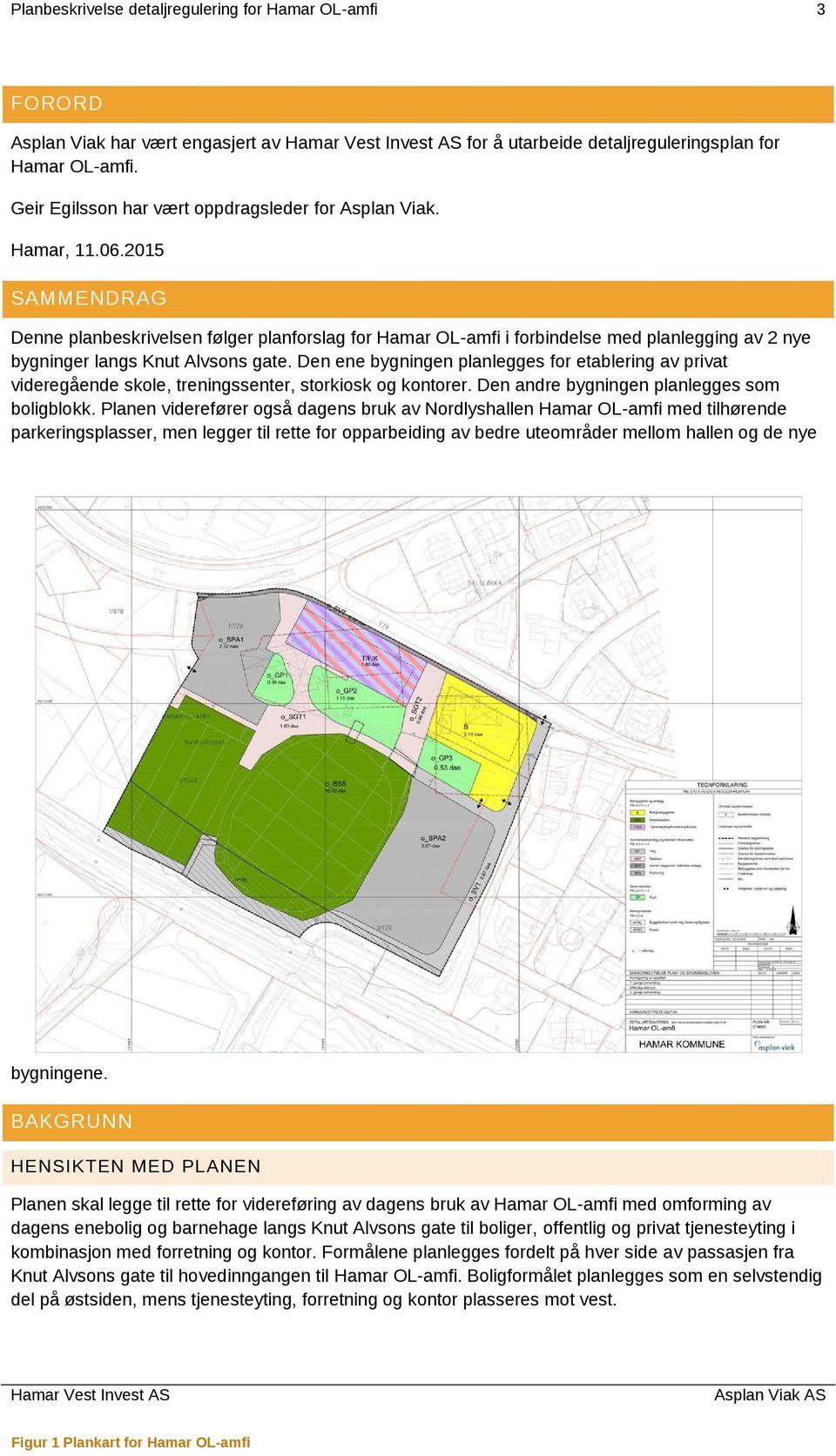 2015 SAMMENDRAG Denne planbeskrivelsen følger planforslag for Hamar OL-amfi i forbindelse med planlegging av 2 nye bygninger langs Knut Alvsons gate.