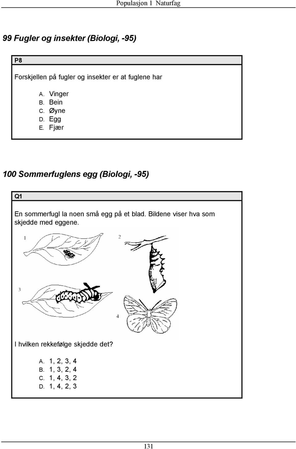 Fjær 100 Sommerfuglens egg (Biologi, -95) Q1 En sommerfugl la noen små egg på et blad.