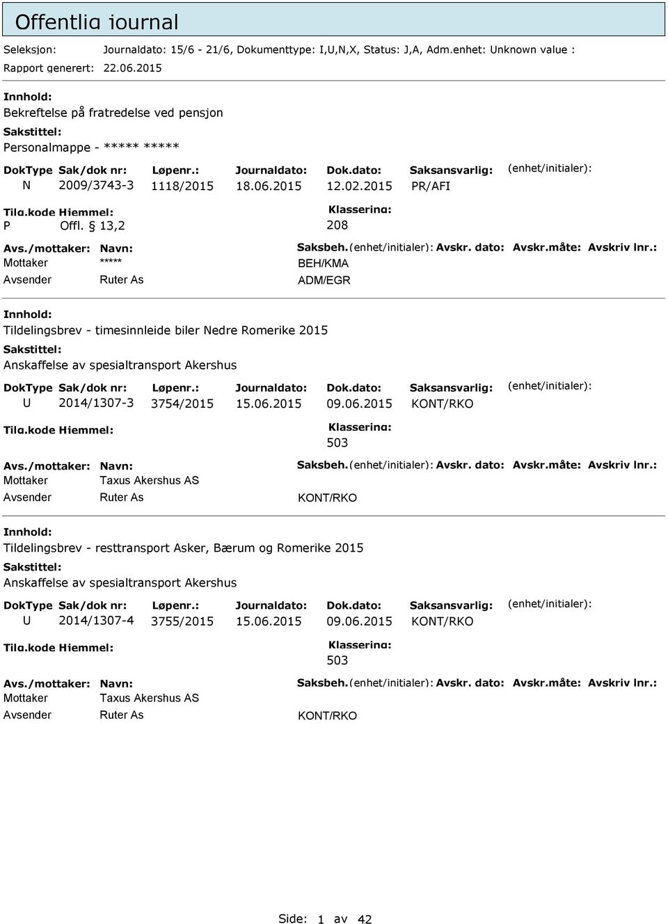 måte: Avskriv lnr.: Mottaker ***** BEH/KMA ADM/EGR Tildelingsbrev - timesinnleide biler Nedre Romerike 2015 Anskaffelse av spesialtransport Akershus 2014/1307-3 3754/2015 09.06.2015 KONT/RKO Avs.