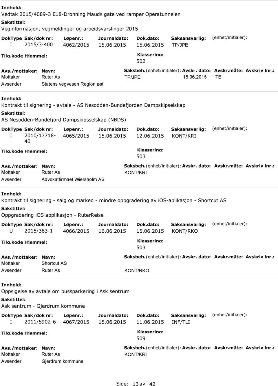 : 4065/2015 12.06.2015 KONT/KR Avs./mottaker: Navn: Saksbeh. Avskr. dato: Avskr.måte: Avskriv lnr.