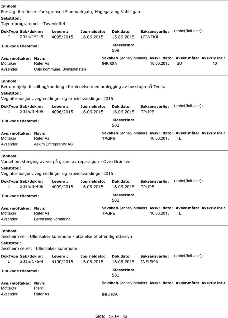 Avskr. dato: Avskr.måte: Avskriv lnr.: TE Askim Entreprenør AS Varsel om stenging av vei på grunn av reparasjon - Øvre Grønlivei 2015/3-406 4099/2015 Avs./mottaker: Navn: Saksbeh. Avskr. dato: Avskr.måte: Avskriv lnr.: TE Lørenskog kommune Jessheim sør i llensaker kommune - uttalelse til offentlig ettersyn Jessheim sørøst i llensaker kommune 2015/176-4 4100/2015 NF/SMA Avs.