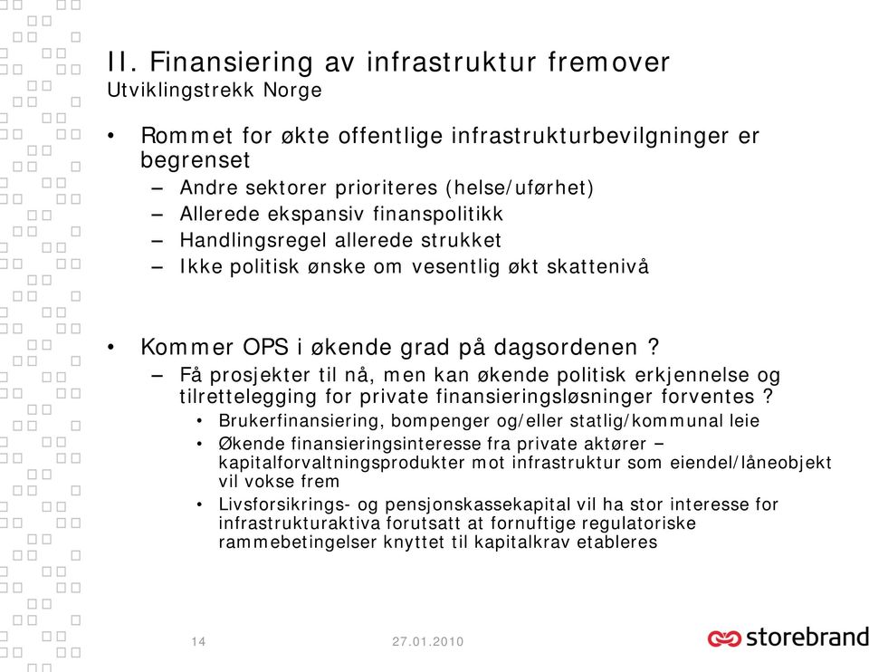 Få prosjekter til nå, men kan økende politisk erkjennelse og tilrettelegging for private finansieringsløsninger forventes?