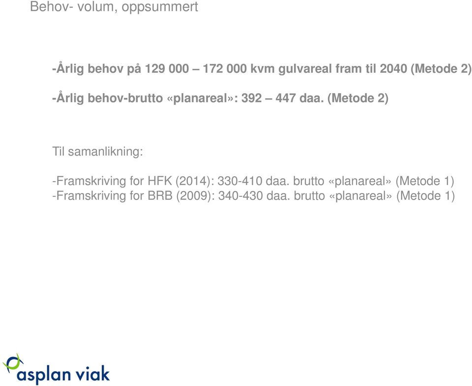 (Metode 2) Til samanlikning: -Framskriving for HFK (2014): 330-410 daa.