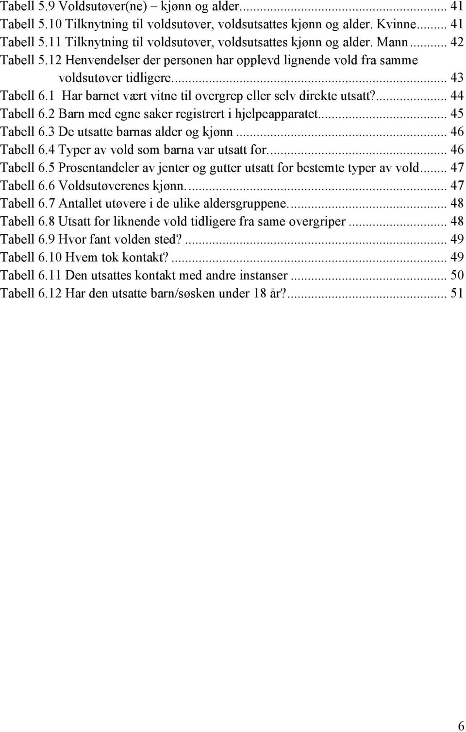 2 Barn med egne saker registrert i hjelpeapparatet... 45 Tabell 6.3 De utsatte barnas alder og kjønn... 46 Tabell 6.4 Typer av vold som barna var utsatt for.... 46 Tabell 6.5 Prosentandeler av jenter og gutter utsatt for bestemte typer av vold.