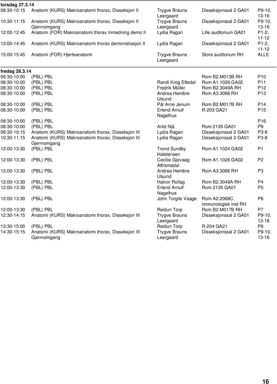 Brauns Disseksjonssal 2 GA01 P9-10, 13-16 12:00-12:45 Anatomi (FOR) Makroanatomi thorax Innledning demo II Lydia Ragan Lille auditorium GA01 P1-2, 11-12 13:00-14:45 Anatomi (KURS) Makroanatomi thorax