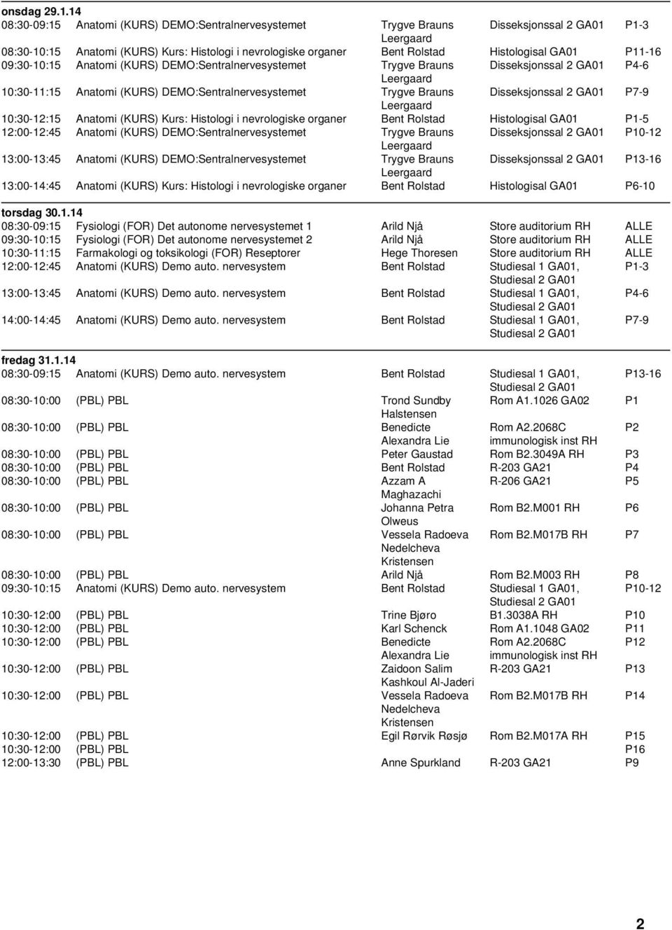 P11-16 09:30-10:15 Anatomi (KURS) DEMO:Sentralnervesystemet Trygve Brauns Disseksjonssal 2 GA01 P4-6 10:30-11:15 Anatomi (KURS) DEMO:Sentralnervesystemet Trygve Brauns Disseksjonssal 2 GA01 P7-9
