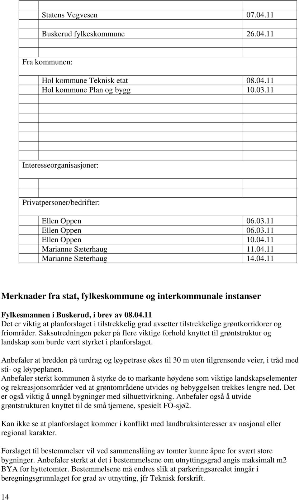 11 Marianne Sæterhaug 11.04.11 Marianne Sæterhaug 14.04.11 Merknader fra stat, fylkeskommune og interkommunale instanser Fylkesmannen i Buskerud, i brev av 08.04.11 Det er viktig at planforslaget i tilstrekkelig grad avsetter tilstrekkelige grøntkorridorer og friområder.