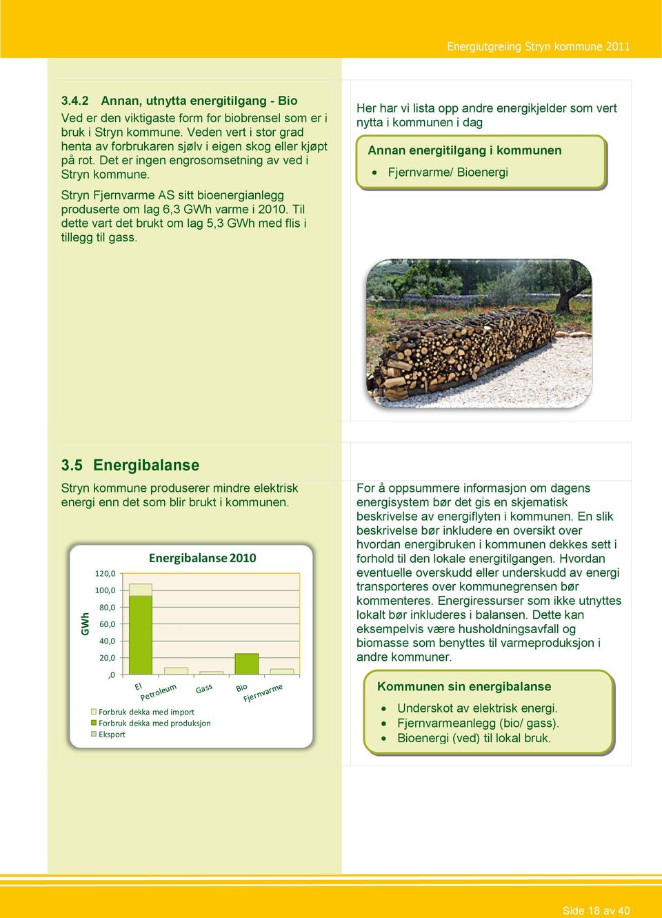 Stryn Fjernvarme AS sitt bioenergianlegg produserte om lag 6,3 GWh varme i 2010. Til dette vart det brukt om lag 5,3 GWh med flis i tillegg til gass.