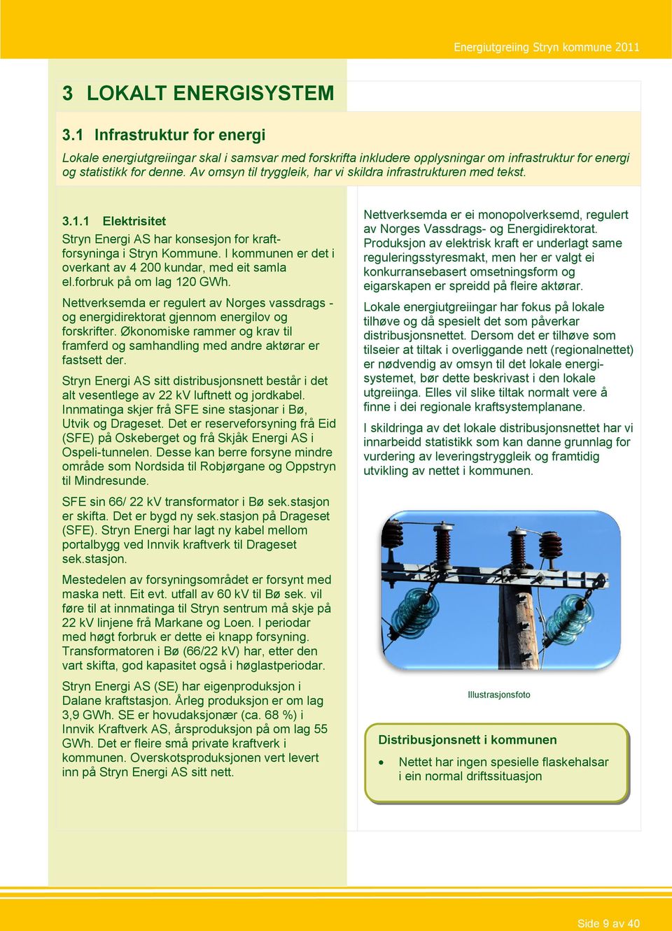 I kommunen er det i overkant av 4 200 kundar, med eit samla el.forbruk på om lag 120 GWh. Nettverksemda er regulert av Norges vassdrags - og energidirektorat gjennom energilov og forskrifter.