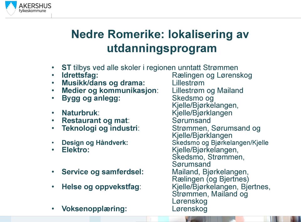 Teknologi og industri: Strømmen, Sørumsand og Kjelle/Bjørklangen Design og Håndverk: Skedsmo og Bjørkelangen/Kjelle Elektro: Kjelle/Bjørkelangen, Skedsmo, Strømmen,