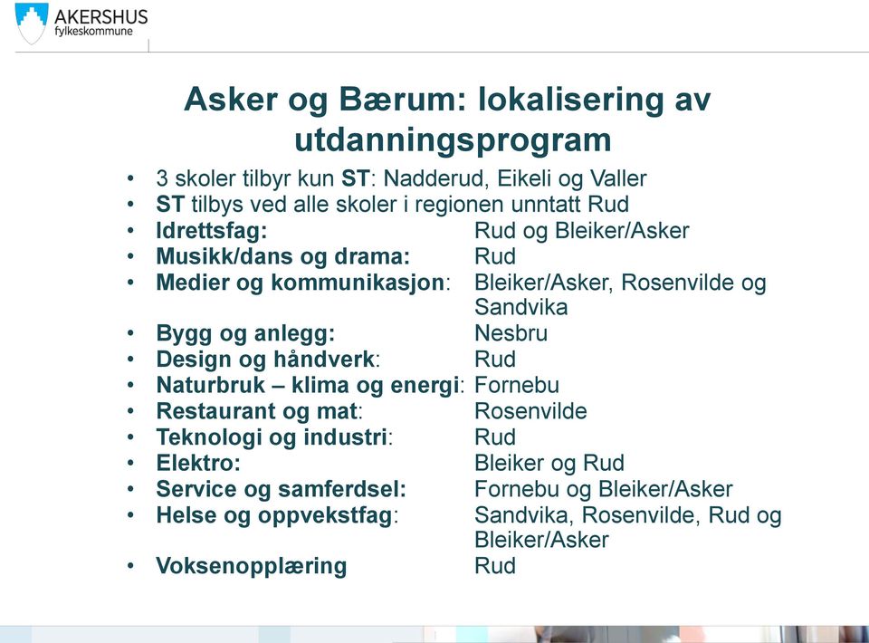 anlegg: Nesbru Design og håndverk: Rud Naturbruk klima og energi: Fornebu Restaurant og mat: Rosenvilde Teknologi og industri: Rud Elektro: