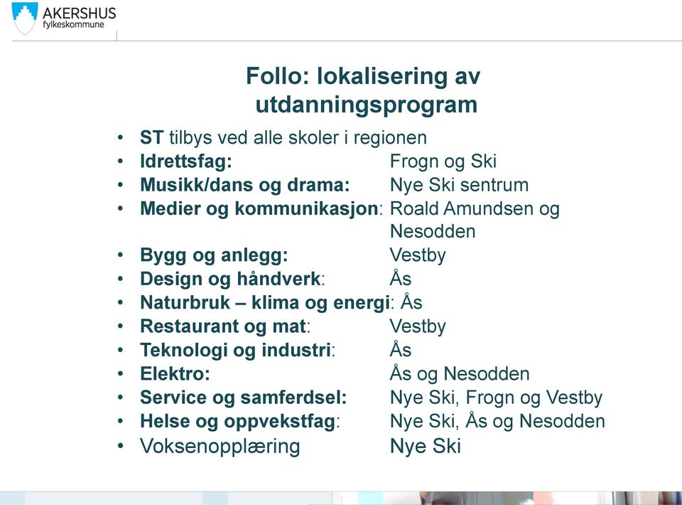 håndverk: Ås Naturbruk klima og energi: Ås Restaurant og mat: Vestby Teknologi og industri: Ås Elektro: Ås og