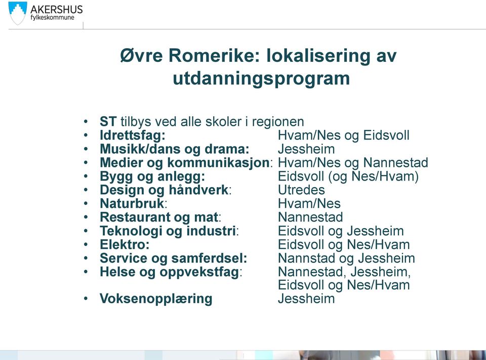 håndverk: Utredes Naturbruk: Hvam/Nes Restaurant og mat: Nannestad Teknologi og industri: Eidsvoll og Jessheim Elektro: Eidsvoll