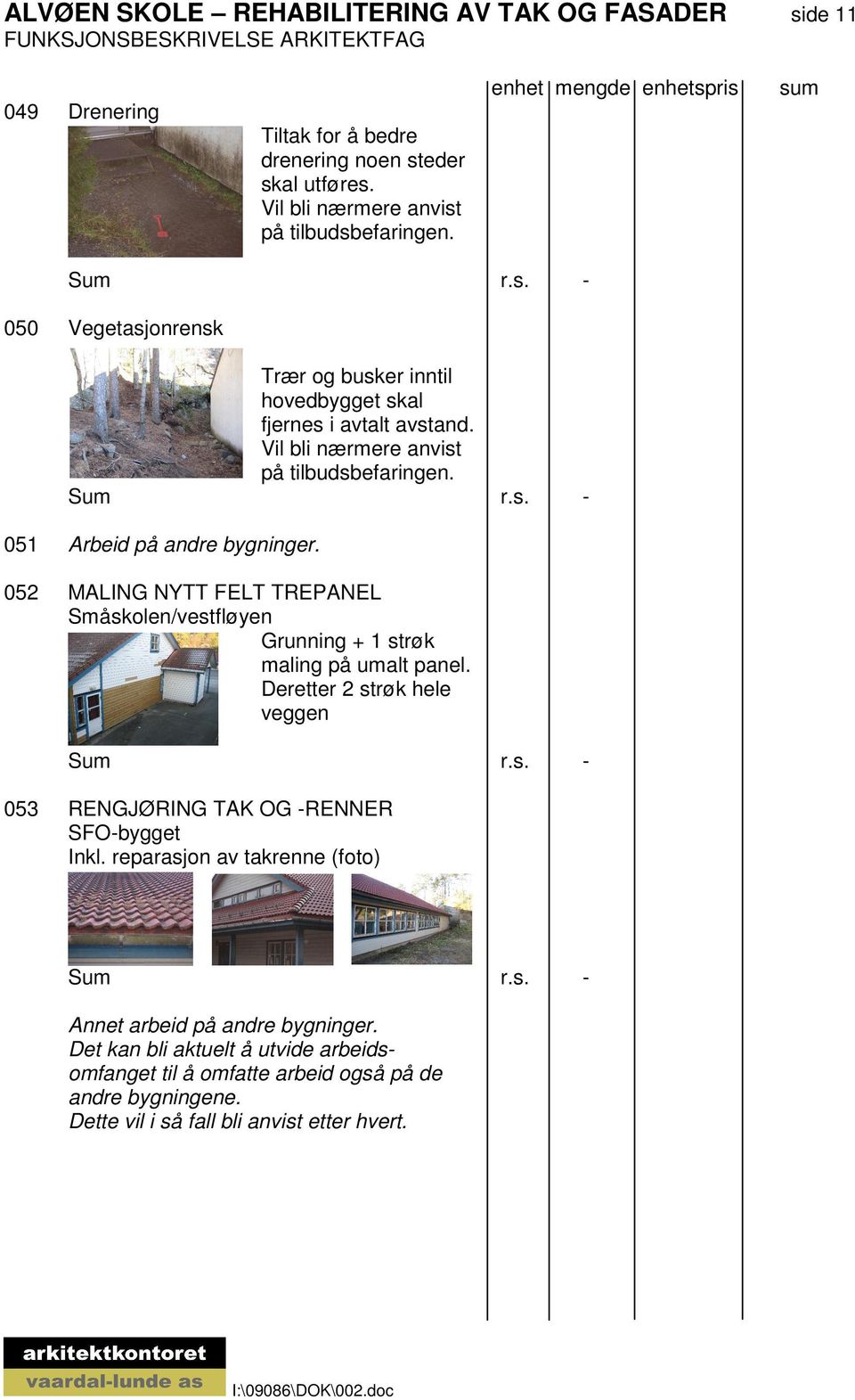 052 MALING NYTT FELT TREPANEL Småskolen/vestfløyen Grunning + 1 strøk maling på umalt panel. Deretter 2 strøk hele veggen 053 RENGJØRING TAK OG RENNER SFObygget Inkl.