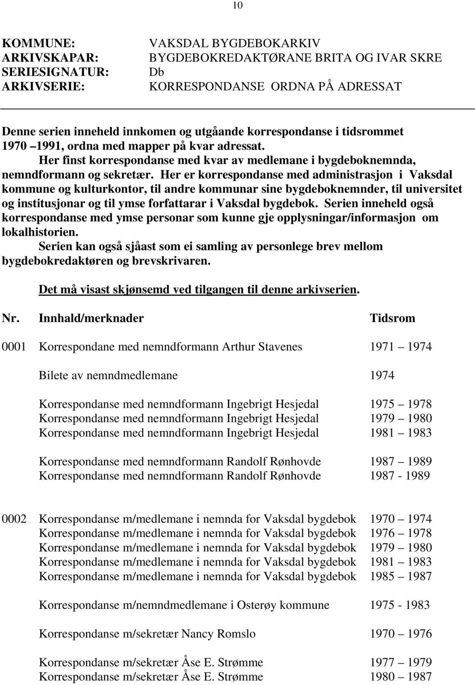 Her er korrespondanse med administrasjon i Vaksdal kommune og kulturkontor, til andre kommunar sine bygdeboknemnder, til universitet og institusjonar og til ymse forfattarar i Vaksdal bygdebok.