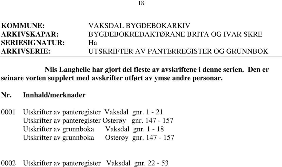 Innhald/merknader 0001 Utskrifter av panteregister Vaksdal gnr. 1-21 Utskrifter av panteregister Osterøy gnr.