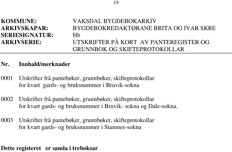 0002 Utskrifter frå pantebøker, grunnbøker, skifteprotokollar for kvart gards- og bruksnummer i Bruvik- sokna og Dale-sokna.