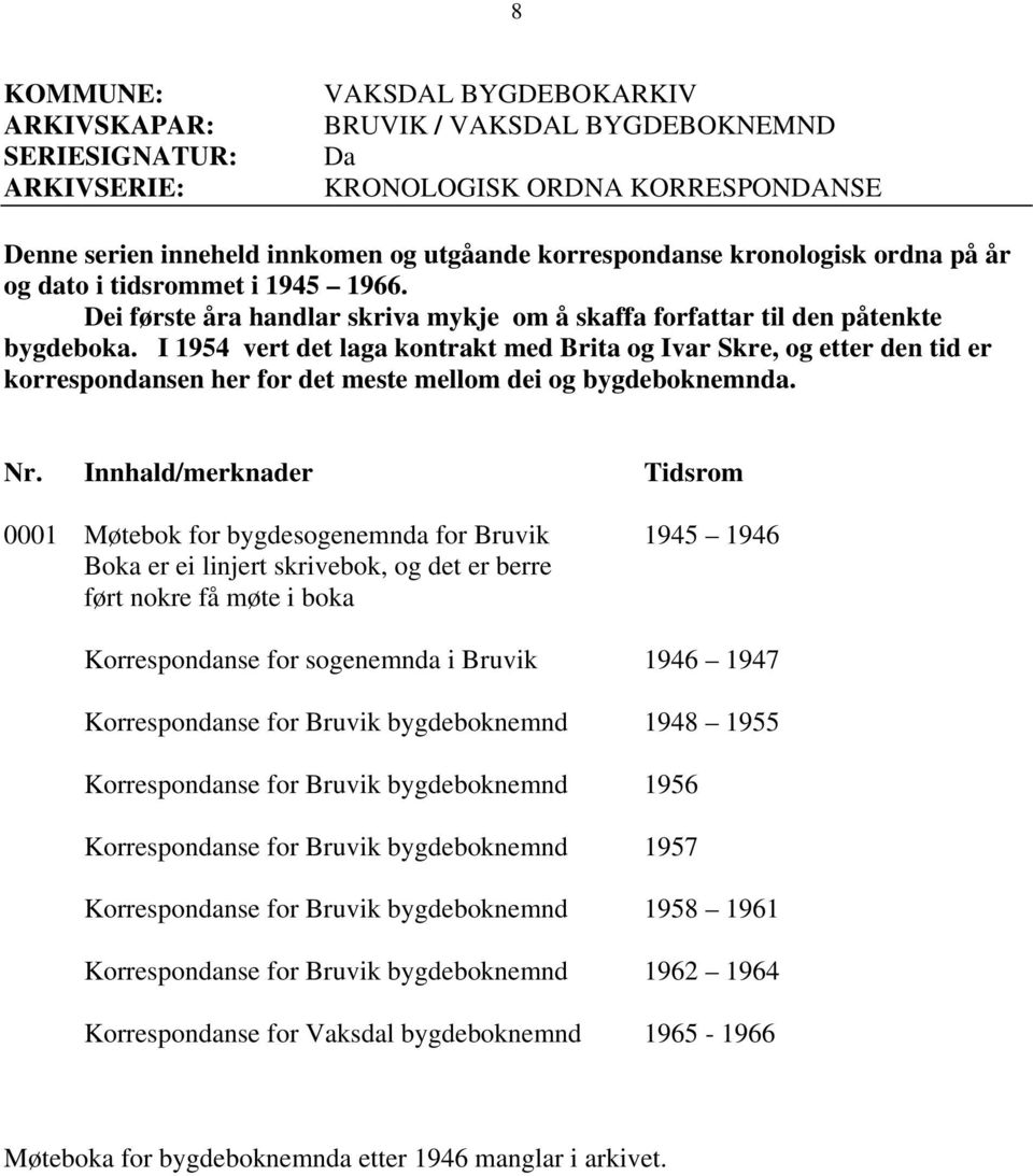 I 1954 vert det laga kontrakt med Brita og Ivar Skre, og etter den tid er korrespondansen her for det meste mellom dei og bygdeboknemnda. Nr.