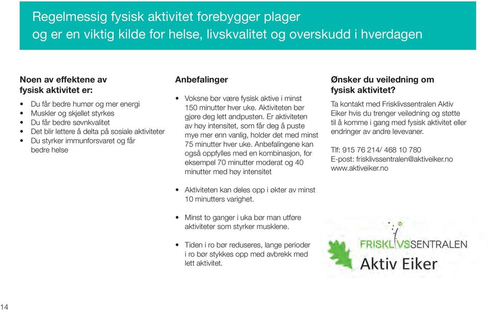 150 minutter hver uke. Aktiviteten bør gjøre deg lett andpusten. Er aktiviteten av høy intensitet, som får deg å puste mye mer enn vanlig, holder det med minst 75 minutter hver uke.