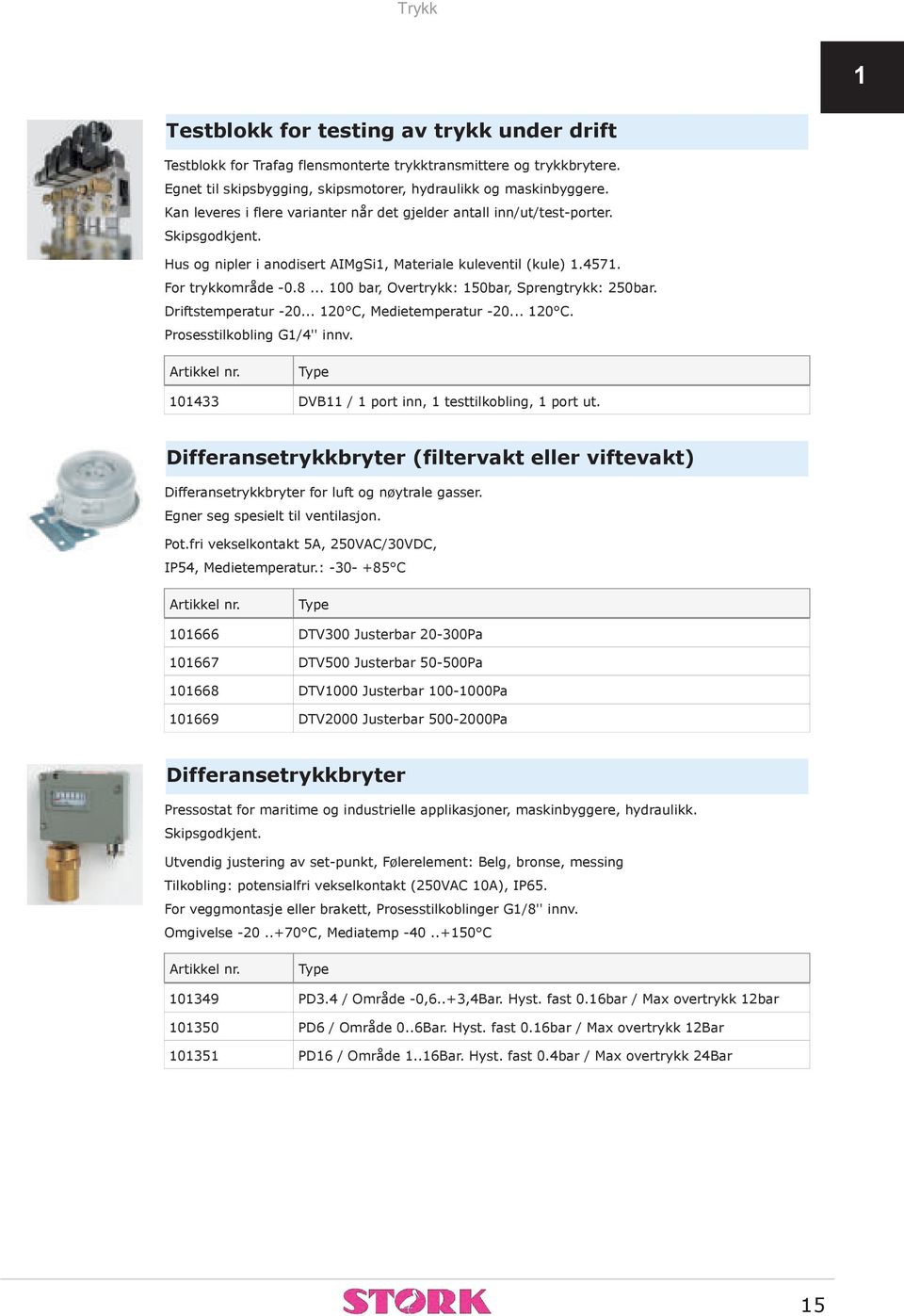 .. 100 bar, Overtrykk: 150bar, Sprengtrykk: 250bar. Driftstemperatur -20... 120 C, Medietemperatur -20... 120 C. Prosesstilkobling G1/4'' innv. 101433 DVB11 / 1 port inn, 1 testtilkobling, 1 port ut.