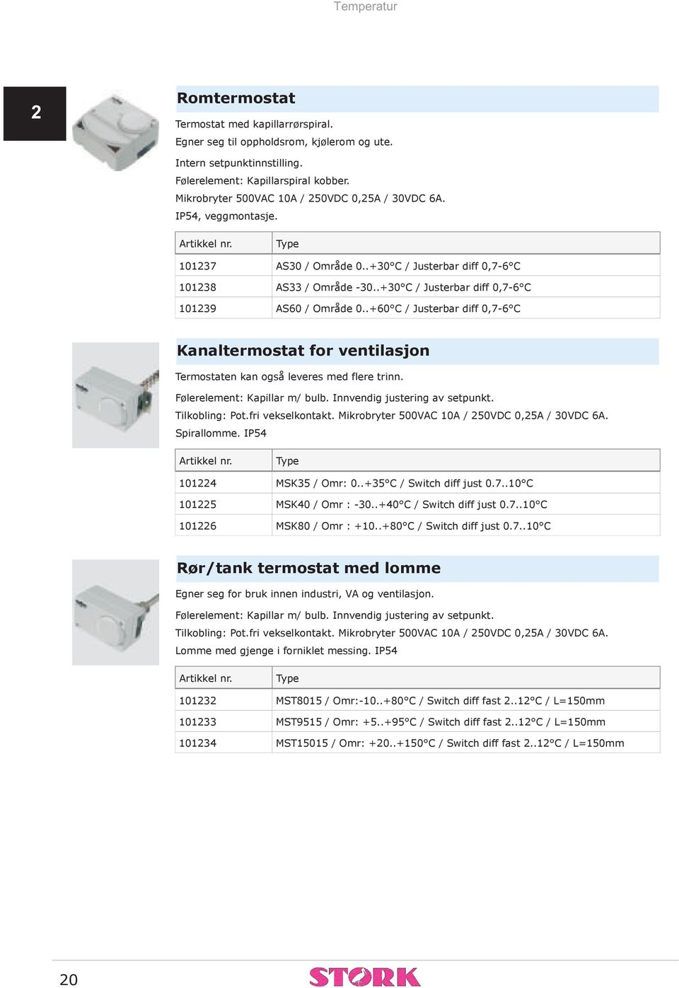 .+30 C / Justerbar diff 0,7-6 C 101239 AS60 / Område 0..+60 C / Justerbar diff 0,7-6 C Kanaltermostat for ventilasjon Termostaten kan også leveres med flere trinn. Følerelement: Kapillar m/ bulb.