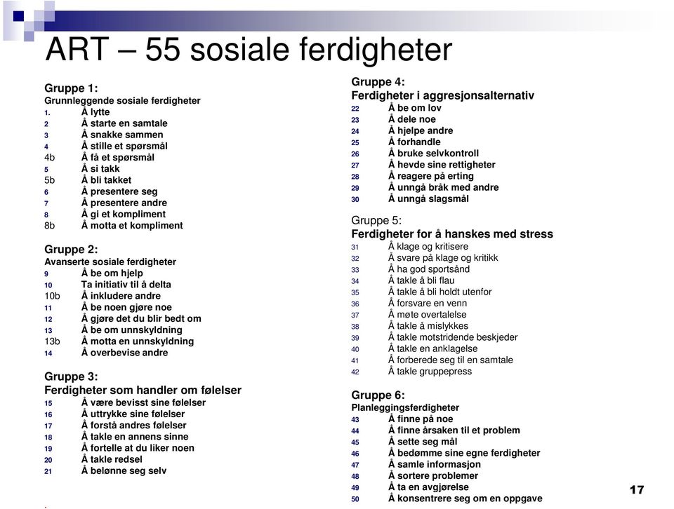 kompliment Gruppe 2: Avanserte sosiale ferdigheter 9 Å be om hjelp 10 Ta initiativ til å delta 10b Å inkludere andre 11 Å be noen gjøre noe 12 Å gjøre det du blir bedt om 13 Å be om unnskyldning 13b