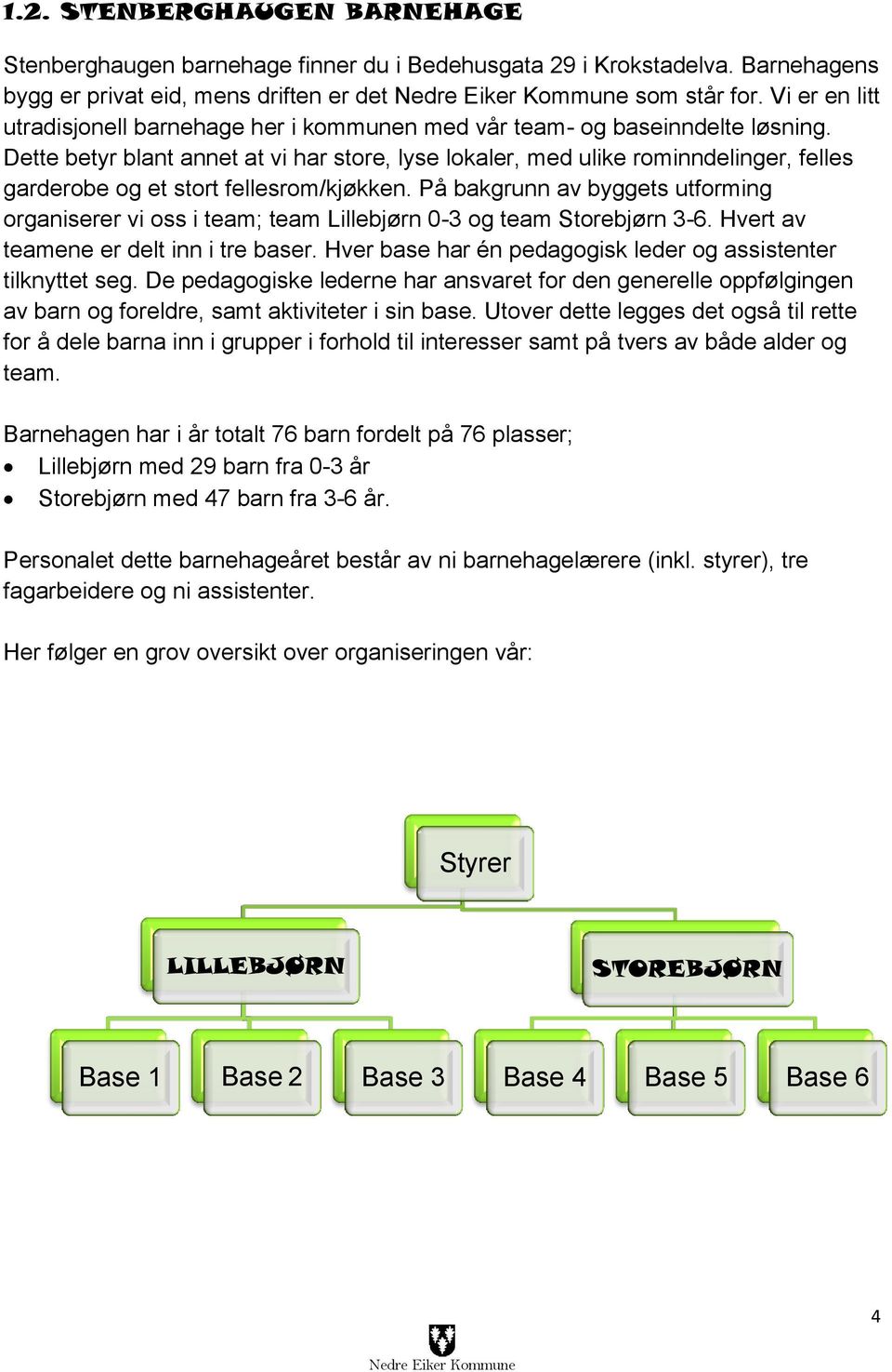 Dette betyr blant annet at vi har store, lyse lokaler, med ulike rominndelinger, felles garderobe og et stort fellesrom/kjøkken.