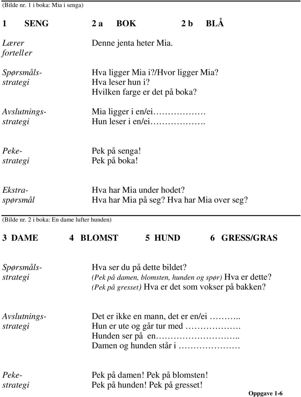 (Bilde nr. 2 i boka: En dame lufter hunden) 3 DAME 4 BLOMST 5 HUND 6 GRESS/GRAS Hva ser du på dette bildet? (Pek på damen, blomsten, hunden og spør) Hva er dette?