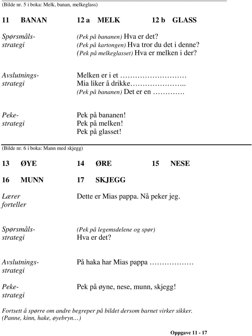 (Bilde nr. 6 i boka: Mann med skjegg) 13 ØYE 14 ØRE 15 NESE 16 MUNN 17 SKJEGG forteller Dette er Mias pappa. Nå peker jeg. (Pek på legemsdelene og spør) Hva er det?