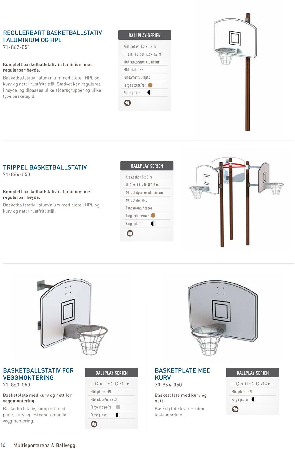 ballplay-serien Arealbehov: 1,3 x 1,2 m H: 3 m I L x B: 1,2 x 1,2 m Mtrl plate: HPL trippel basketballstativ 71-864-050 Komplett basketballstativ i aluminium med regulerbar høyde.