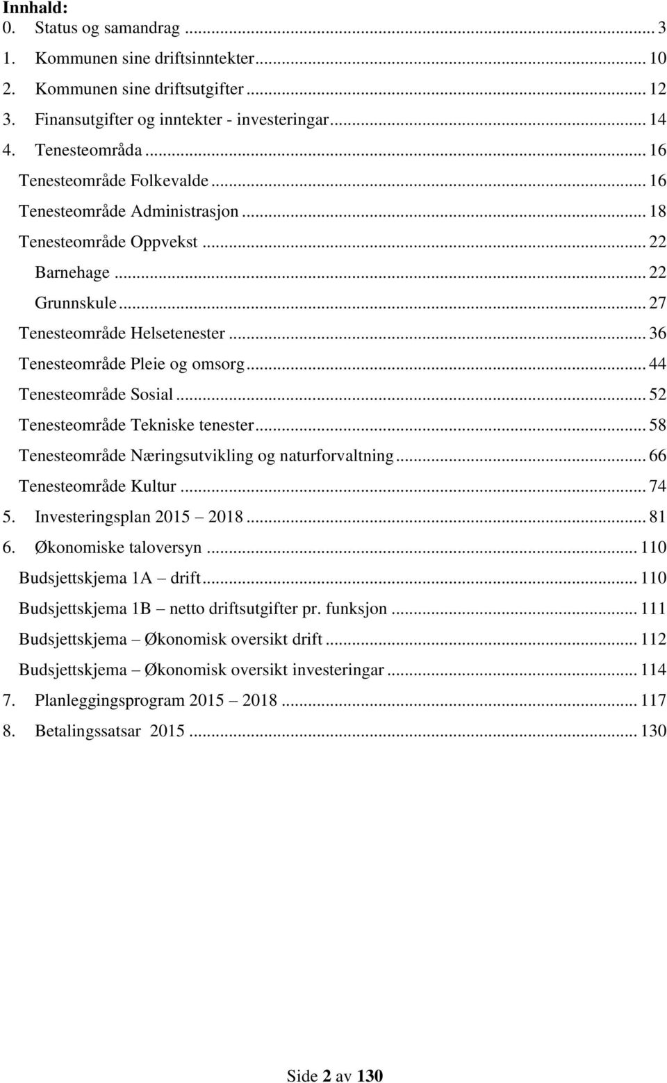 .. 44 Tenesteområde Sosial... 52 Tenesteområde Tekniske tenester... 58 Tenesteområde Næringsutvikling og naturforvaltning... 66 Tenesteområde Kultur... 74 5. Investeringsplan 2015 2018... 81 6.