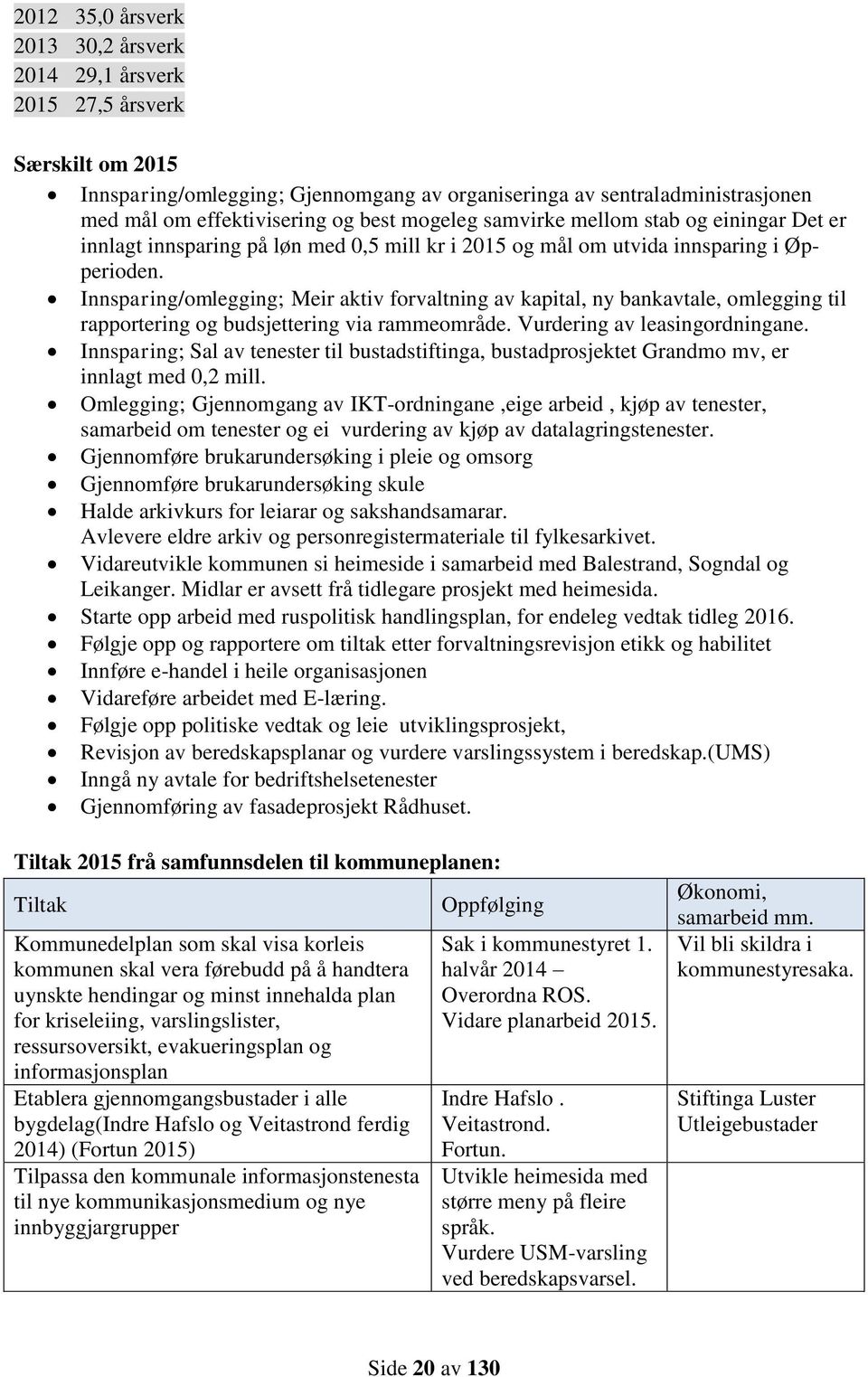 Innsparing/omlegging; Meir aktiv forvaltning av kapital, ny bankavtale, omlegging til rapportering og budsjettering via rammeområde. Vurdering av leasingordningane.