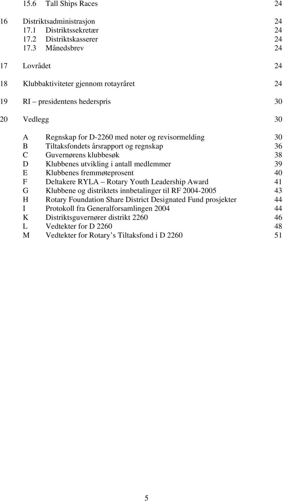 årsrapport og regnskap 36 C Guvernørens klubbesøk 38 D Klubbenes utvikling i antall medlemmer 39 E Klubbenes fremmøteprosent 40 F Deltakere RYLA Rotary Youth Leadership Award 41 G Klubbene