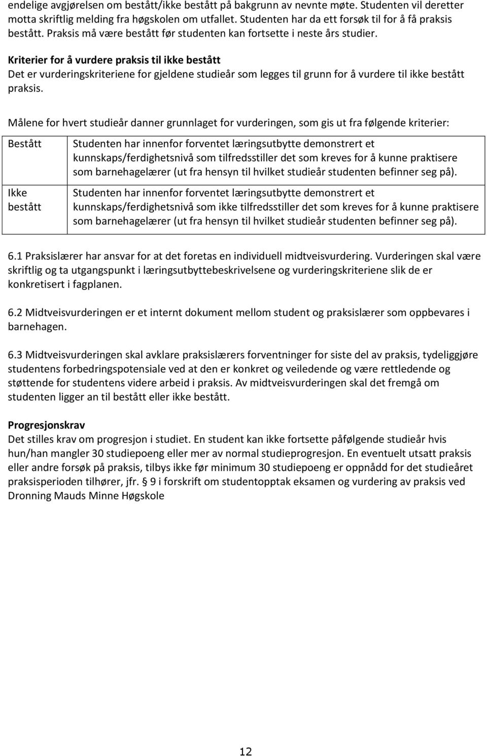 Kriterier for å vurdere praksis til ikke bestått Det er vurderingskriteriene for gjeldene studieår som legges til grunn for å vurdere til ikke bestått praksis.