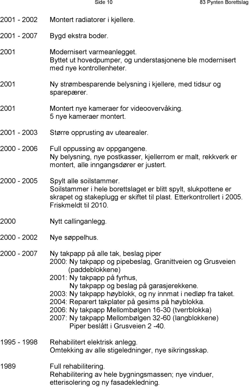 2001 Montert nye kameraer for videoovervåking. 5 nye kameraer montert. 2001-2003 Større opprusting av utearealer. 2000-2006 Full oppussing av oppgangene.