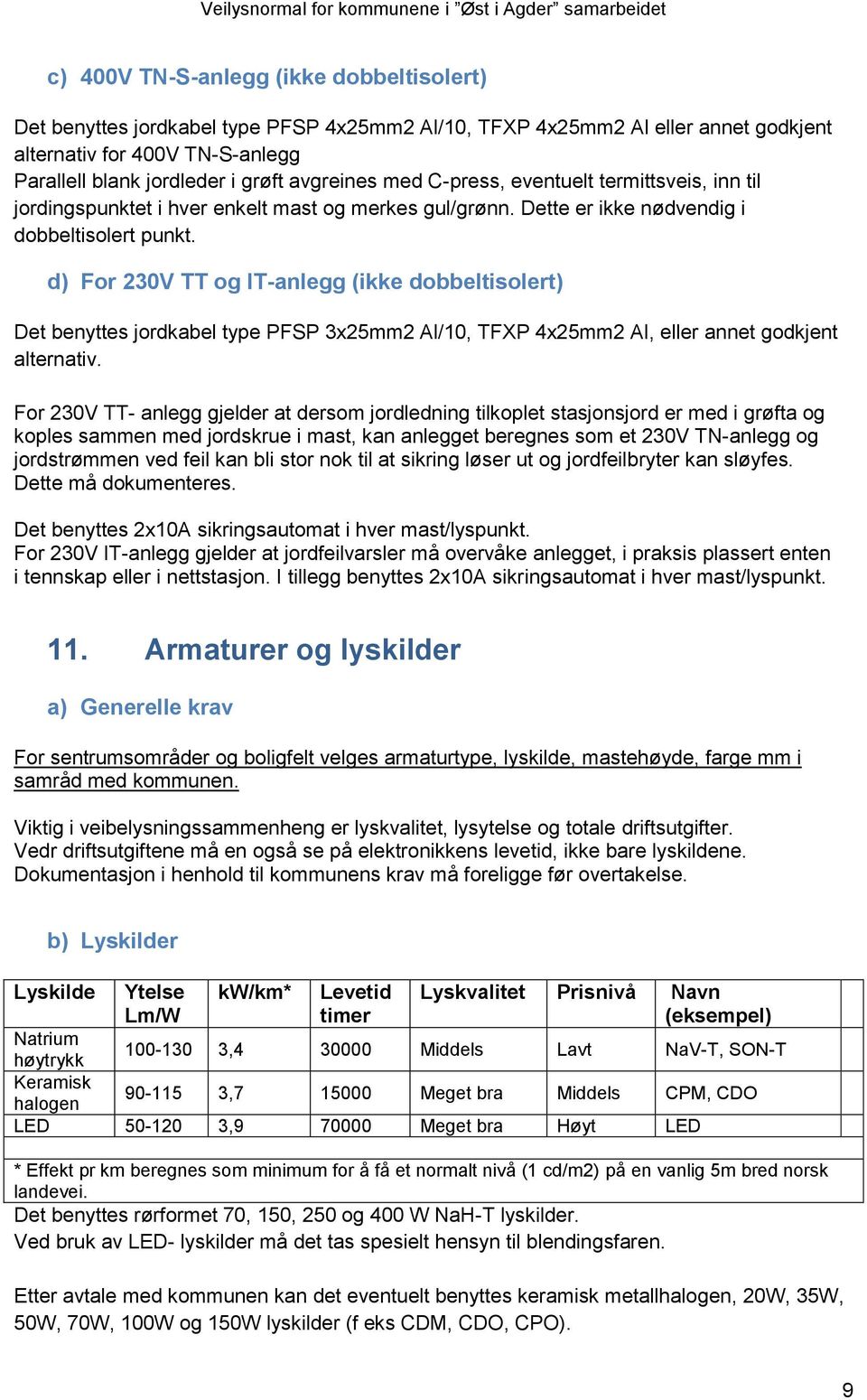 d) For 230V TT og IT-anlegg (ikke dobbeltisolert) Det benyttes jordkabel type PFSP 3x25mm2 Al/10, TFXP 4x25mm2 Al, eller annet godkjent alternativ.