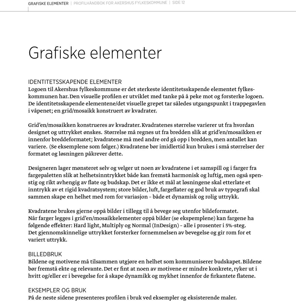 De identitetsskapende elementene/det visuelle grepet tar således utgangspunkt i trappegavlen i våpenet; en grid/mosaikk konstruert av kvadrater. Grid en/mosaikken konstrueres av kvadrater.