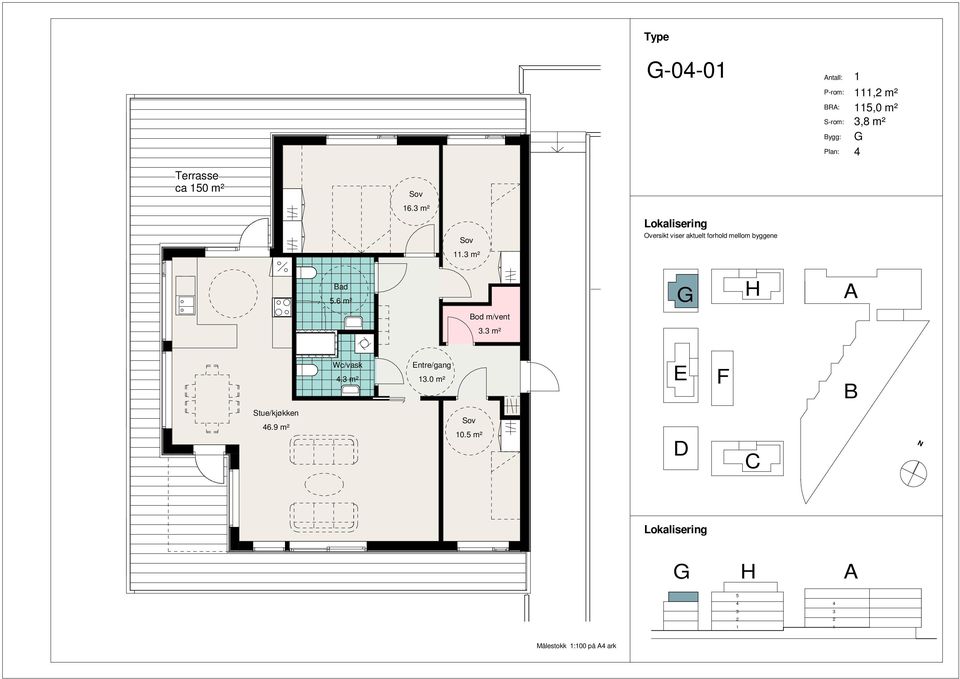 6 m² od m/vent. m² Wc/vask. m² ntre/gang.