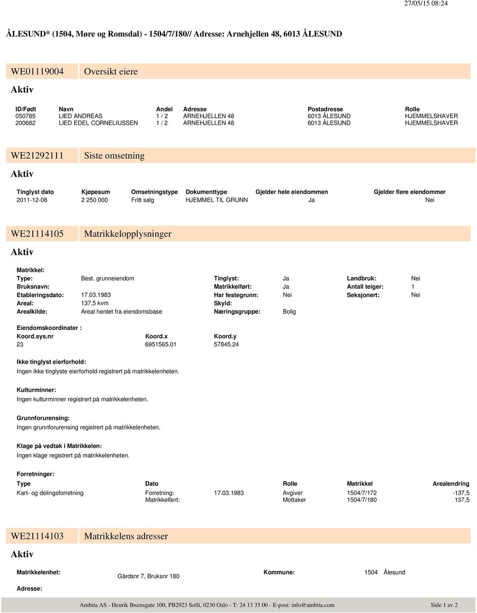 Dokumenttype Gjelder hele eiendommen Gjelder flere eiendommer 2011-12-08 2 250 000 Fritt salg HJEMMEL TIL GRUNN Ja Nei WE21114105 Matrikkelopplysninger Aktiv Matrikkel: Type: Best.