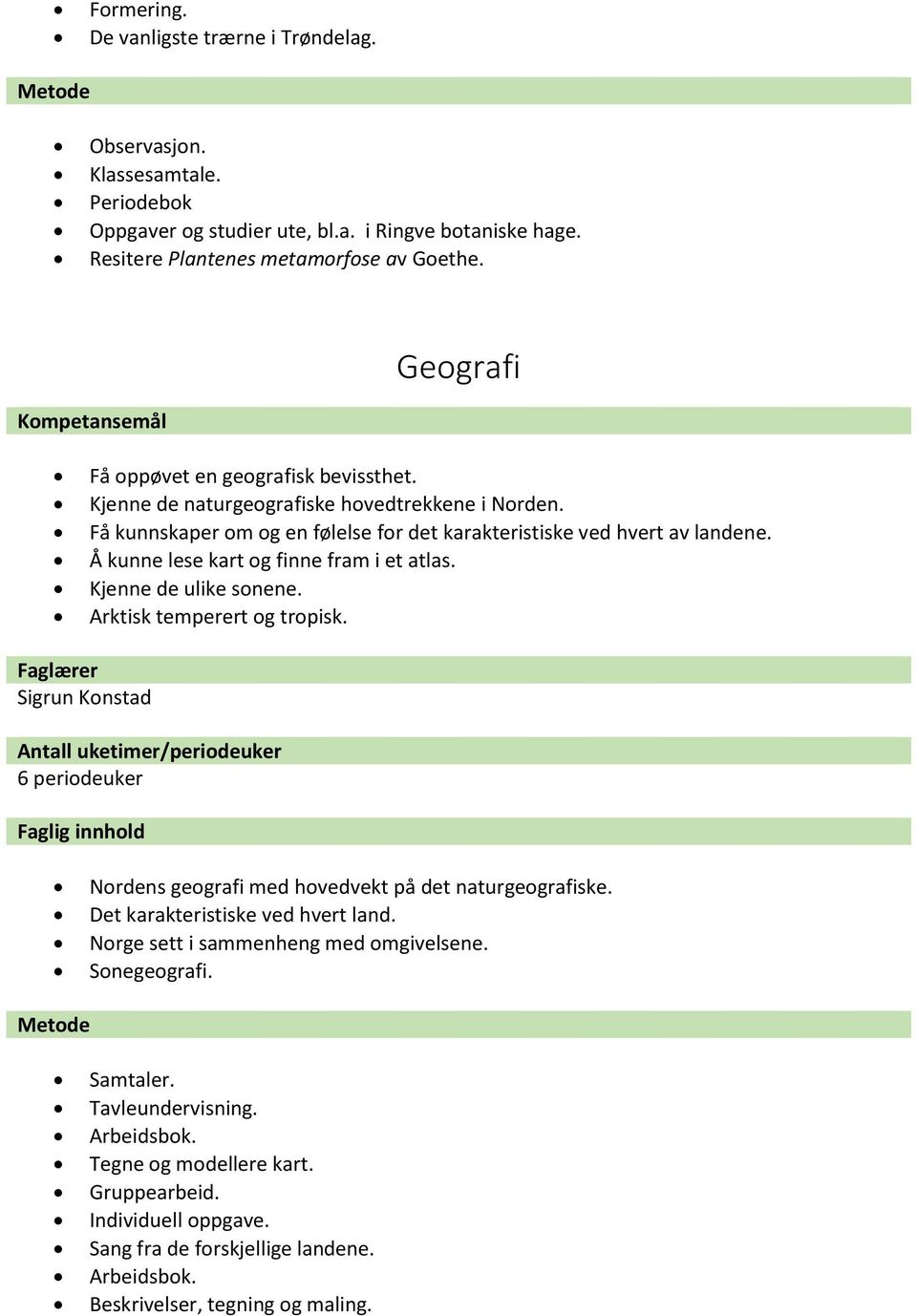 Å kunne lese kart og finne fram i et atlas. Kjenne de ulike sonene. Arktisk temperert og tropisk. Sigrun Konstad 6 periodeuker Nordens geografi med hovedvekt på det naturgeografiske.