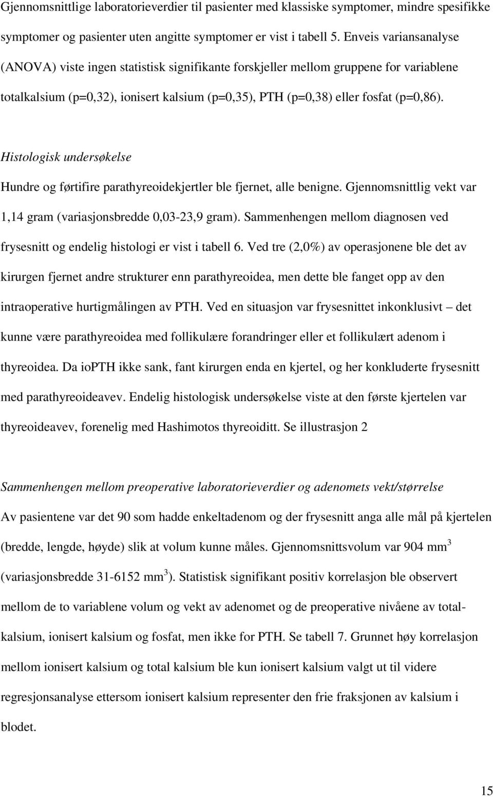 Histologisk undersøkelse Hundre og førtifire parathyreoidekjertler ble fjernet, alle benigne. Gjennomsnittlig vekt var 1,14 gram (variasjonsbredde 0,03-23,9 gram).