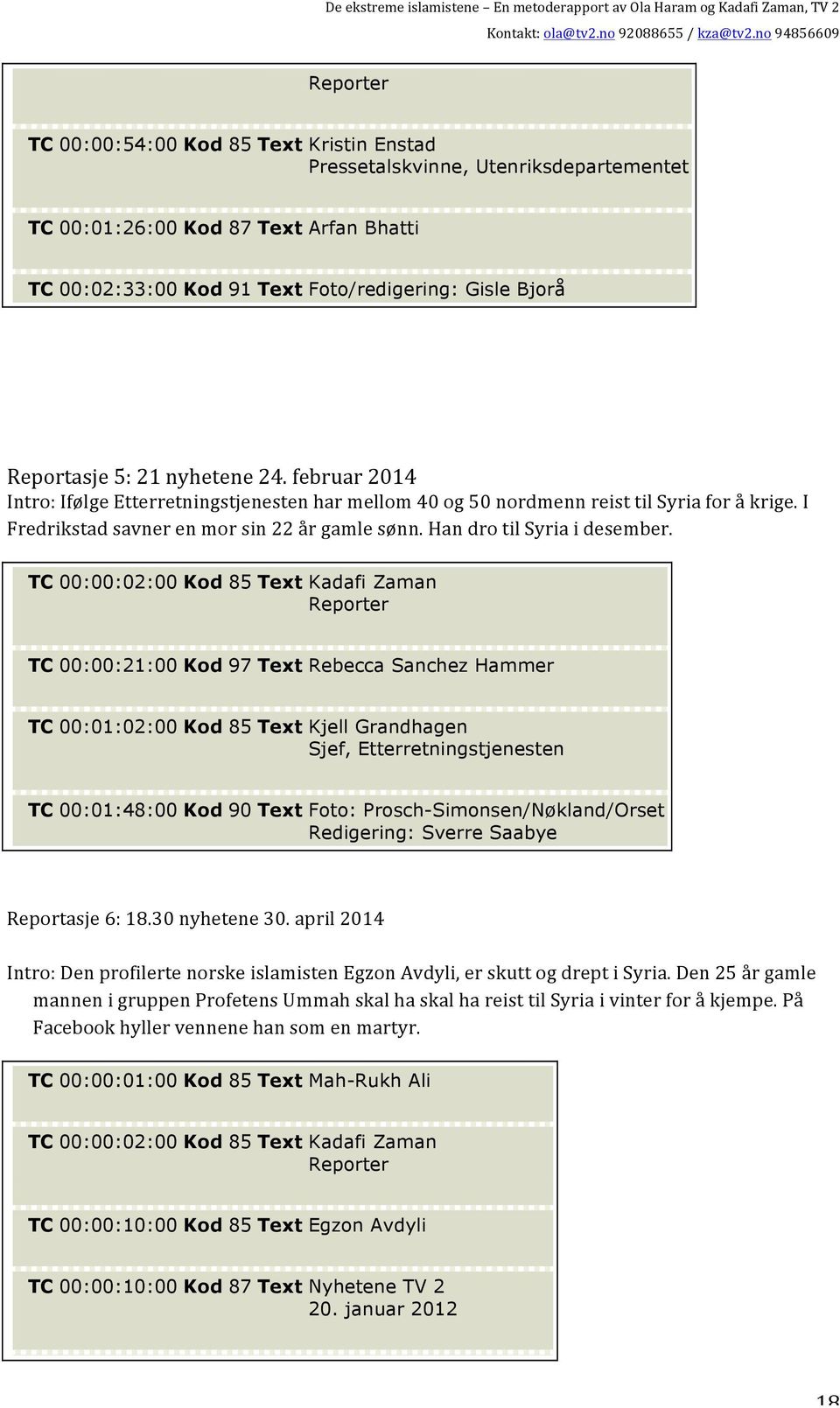 TC 00:00:02:00 Kod 85 Text Kadafi Zaman TC 00:00:21:00 Kod 97 Text Rebecca Sanchez Hammer TC 00:01:02:00 Kod 85 Text Kjell Grandhagen Sjef, Etterretningstjenesten TC 00:01:48:00 Kod 90 Text Foto: