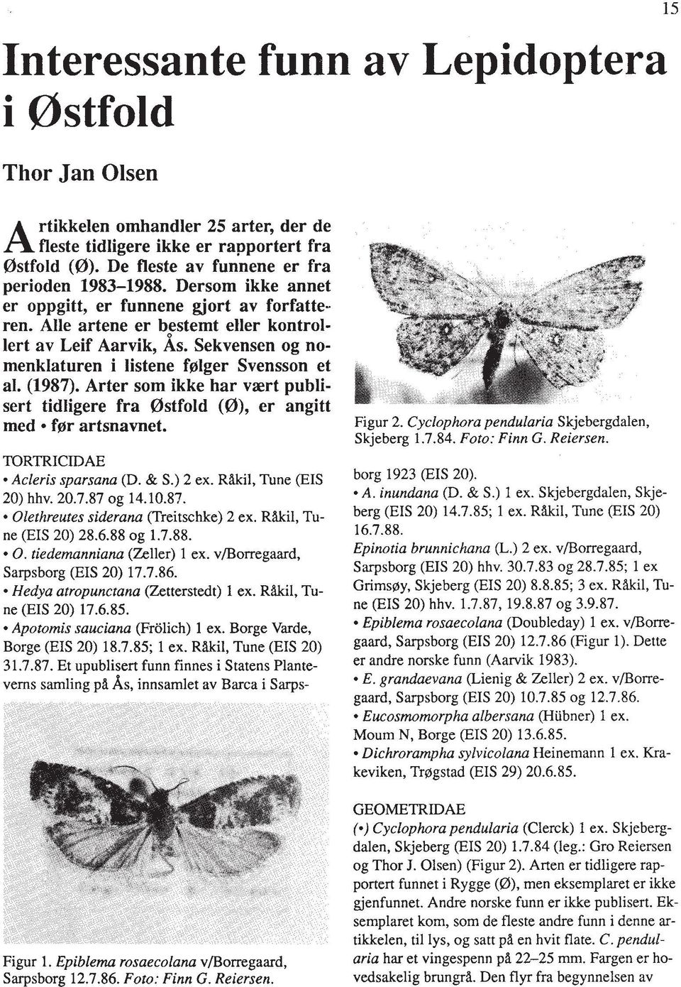 Arter som ikke har vaert publisert tidligere fra 0stfold (a), er angitt med f0r artsnavnet. TORTRICIDAE Acleris sparsana (D. & S.) 2 ex. Rakil, Tune @IS 20) hhv. 20.7.87 