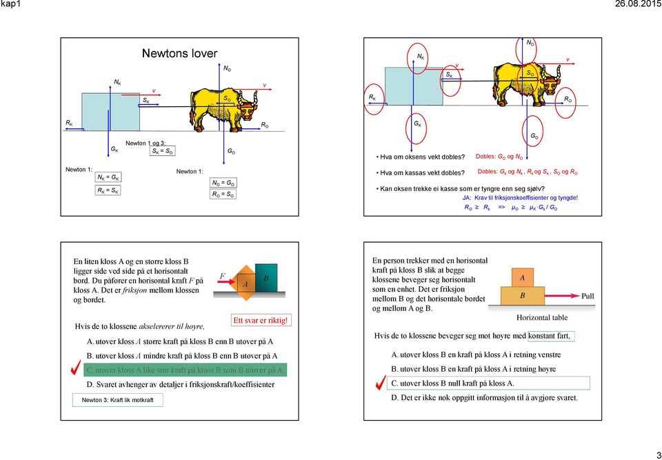 Dobles: G k og N k, R k og S k, S O og R O Kan oksen trekke ei kasse som er tyngre enn seg sjøl? JA: Kra til friksjonskoeffisienter og tyngde!