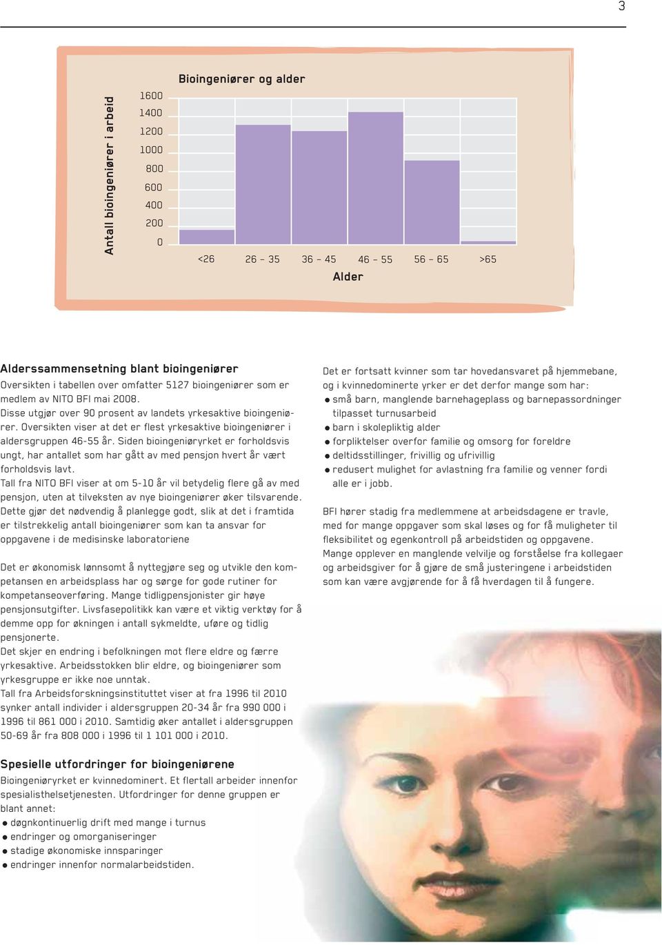 Oversikten viser at det er flest yrkesaktive bioingeniører i aldersgruppen 46-55 år.