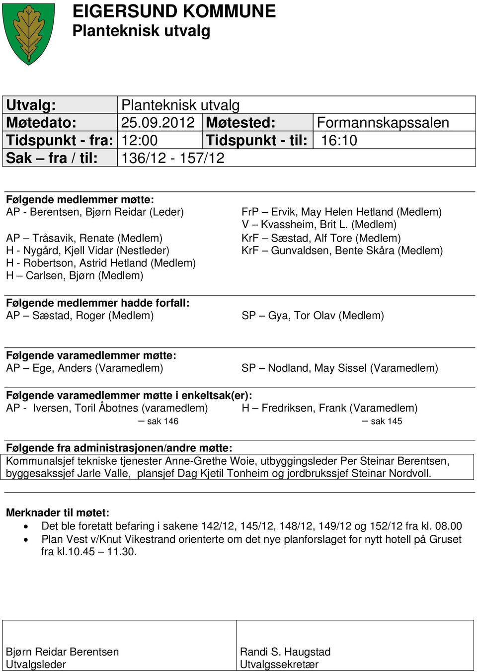 H - Nygård, Kjell Vidar (Nestleder) H - Robertson, Astrid Hetland (Medlem) H Carlsen, Bjørn (Medlem) Følgende medlemmer hadde forfall: AP Sæstad, Roger (Medlem) FrP Ervik, May Helen Hetland (Medlem)