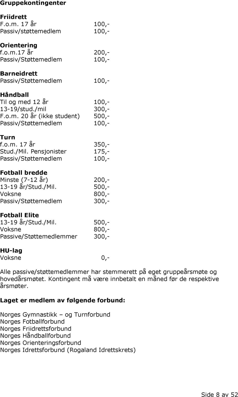 Pensjonister 175,- Passiv/Støttemedlem 100,- Fotball bredde Minste (7-12 år) 200,- 13-19 år/stud./mil.