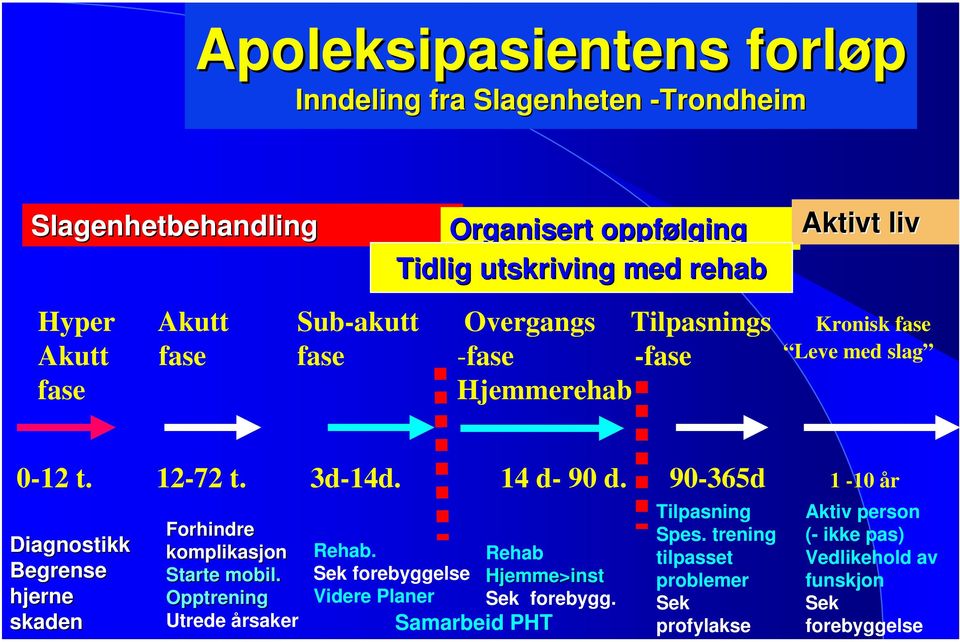 90-365d 1-10 år Diagnostikk Begrense hjerne skaden Forhindre komplikasjon Starte mobil. Opptrening Utrede årsaker Rehab.